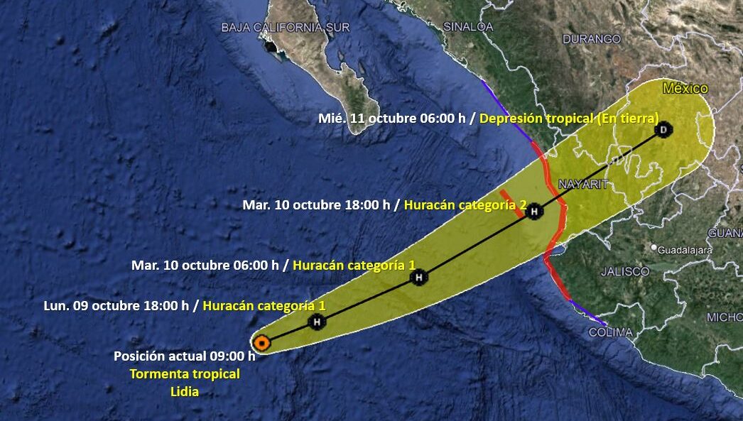 «Lidia» mantiene trayectoria hacia Nayarit, donde impactaría el martes por la noche